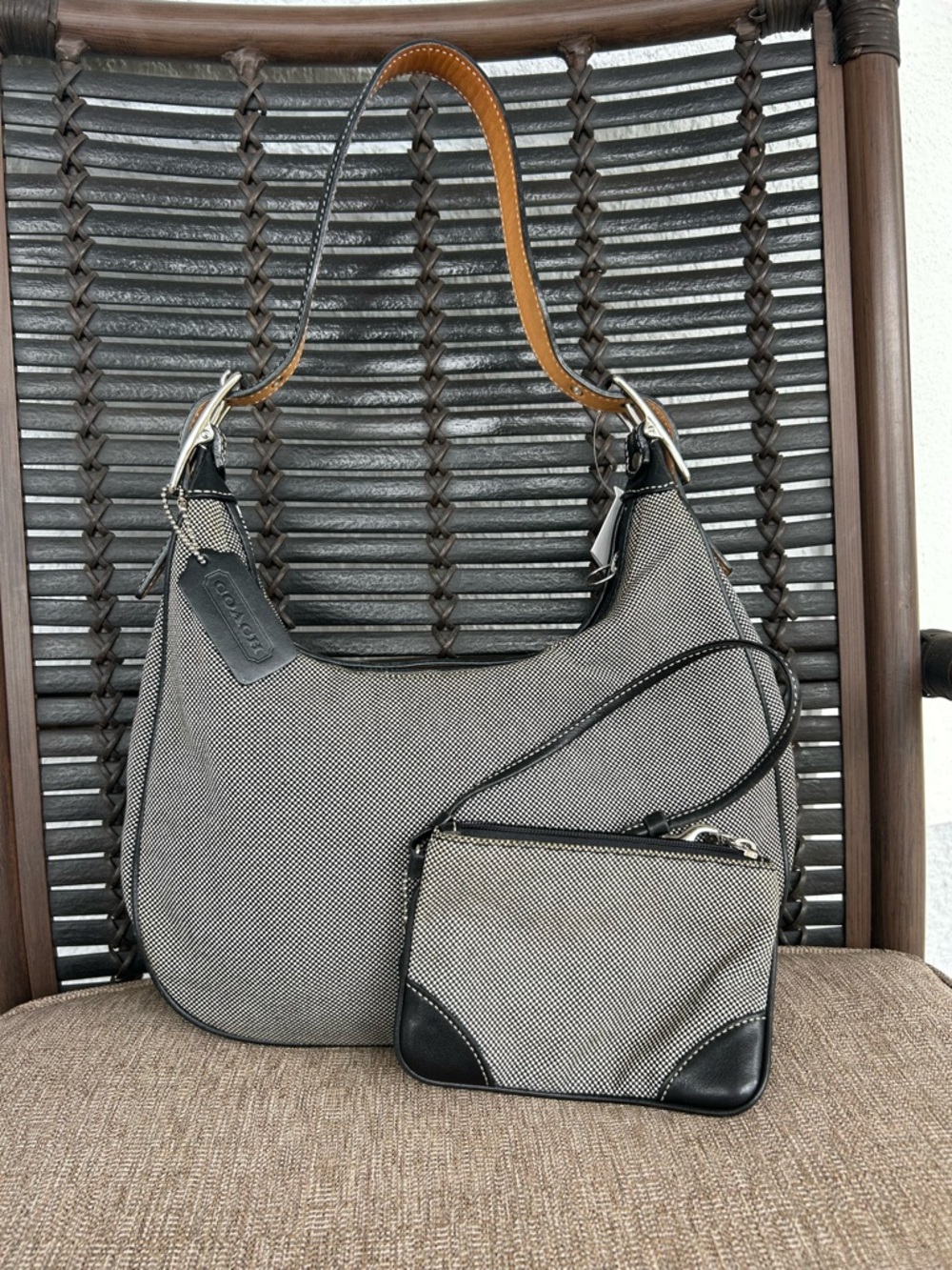 Coach Black & White Canvas Hobo with Leather-Trim Wristlet